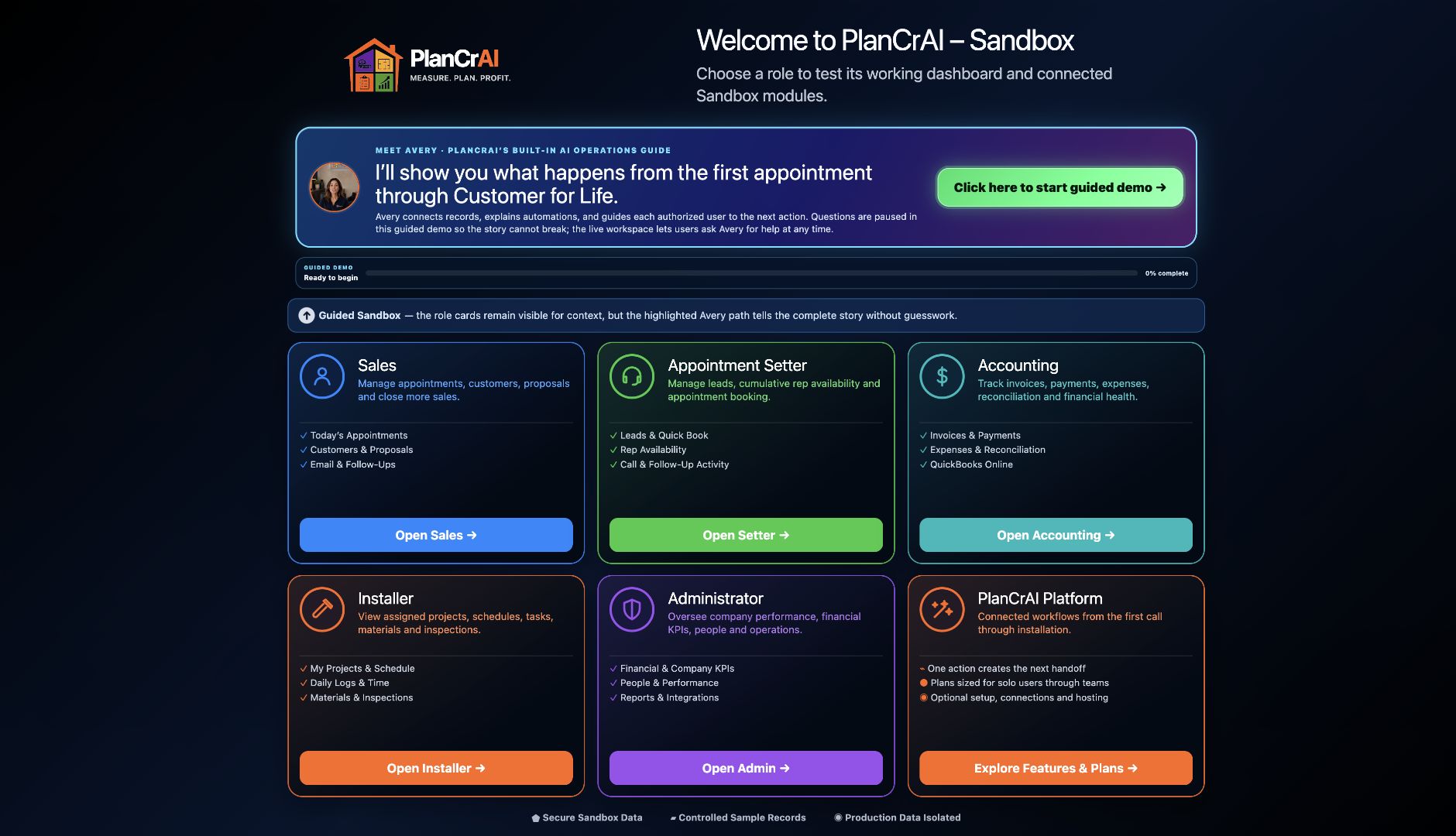 PlanCrAI self-guided demo home screen