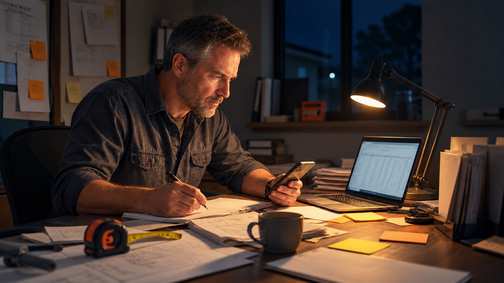 The same contractor working late at his desk