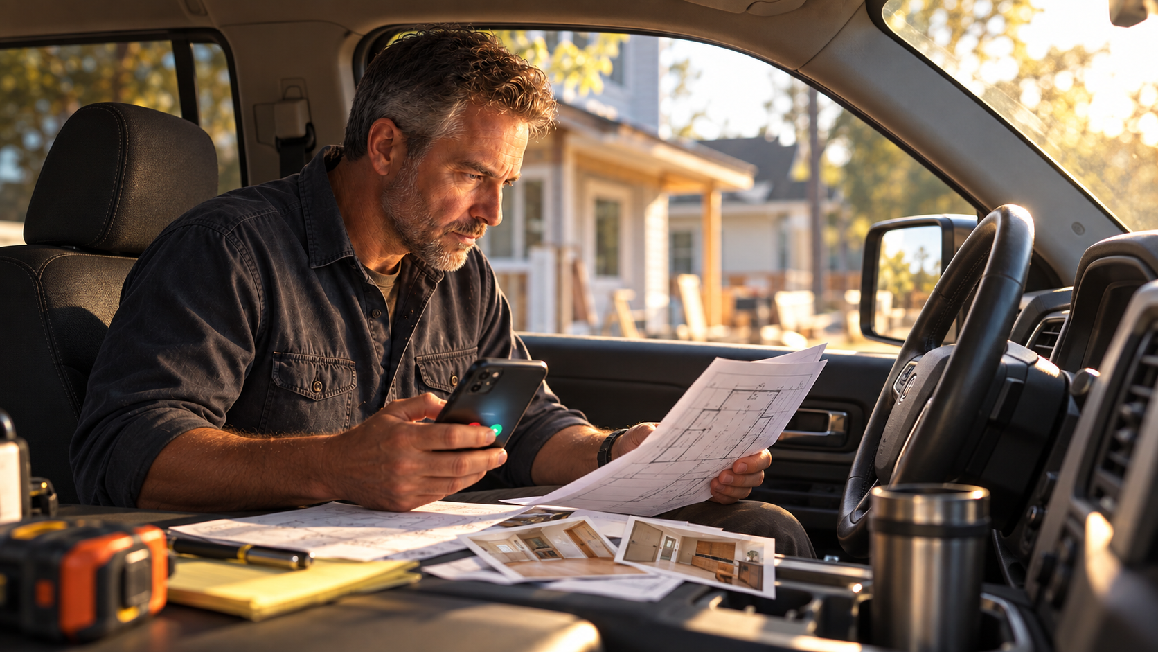 The same contractor sorting notes in his truck